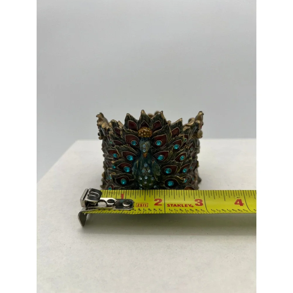Jeweled Peacock Votive Candle Holder Gold Tone Enamel Rhinestone Floral Decor